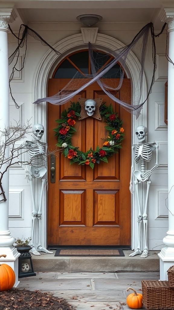 A Halloween-themed entryway with skeletons, a spooky wreath, cobwebs, and pumpkins.