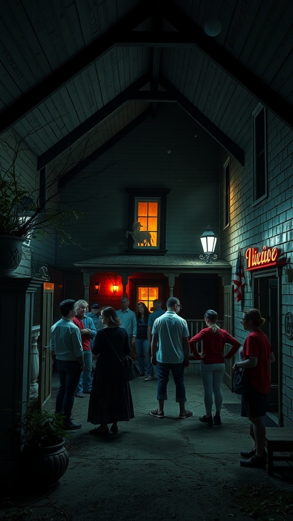 A group of people gathered outside a haunted farmhouse at night, with warm lights glowing from the windows.