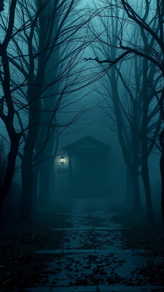 A foggy pathway lined with bare trees leading to a mysterious house with a lantern.