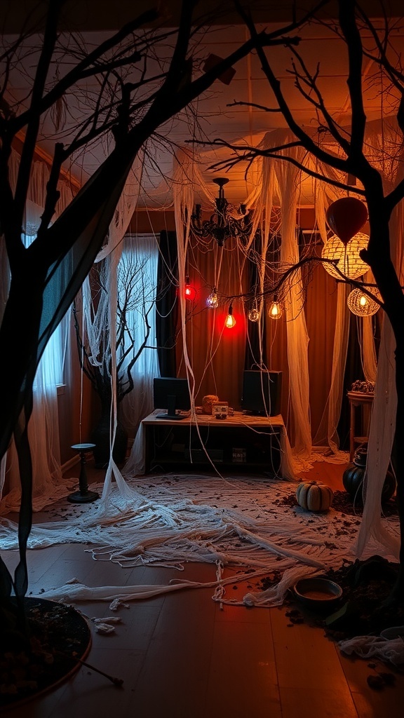 A room decorated with faux trees, cobwebs, and colorful lights for a Halloween theme.