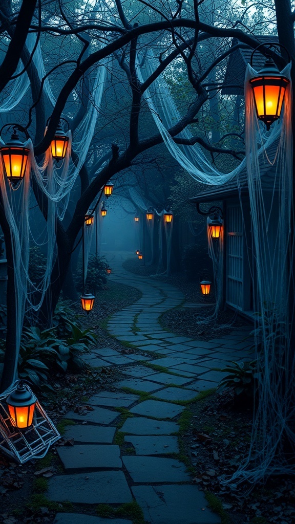 A haunted garden pathway with glowing lanterns and cobwebs in the trees.