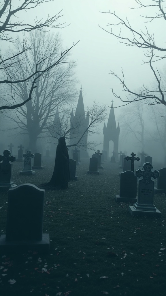 A foggy graveyard scene with tombstones and a cloaked figure