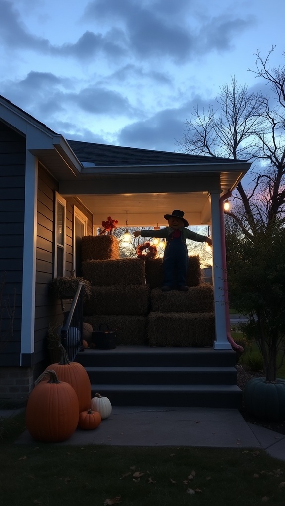 A front porch decorated with stacked hay bales, pumpkins, and a scarecrow under a twilight sky.