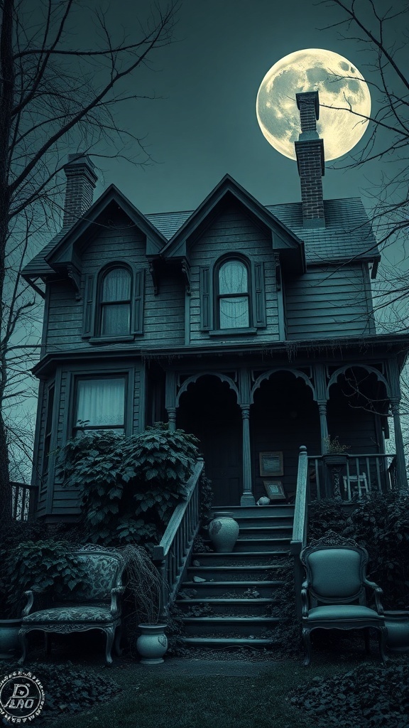 A vintage haunted house under a full moon, surrounded by trees and overgrown foliage.