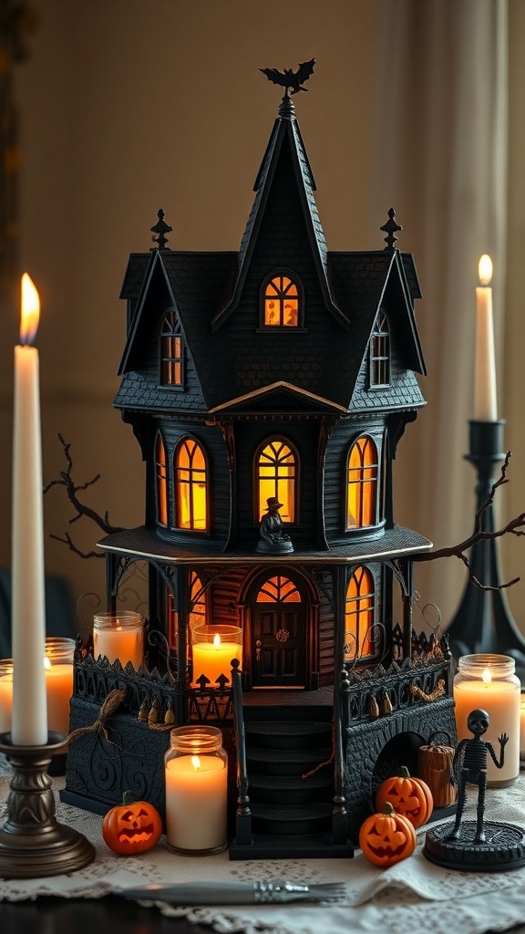 A haunted house candle centerpiece with glowing windows, surrounded by candles and Halloween decorations.