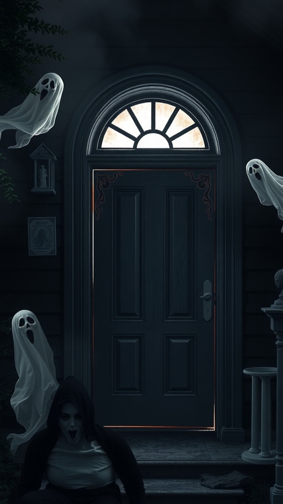 A haunted house door decorated with ghostly apparitions and a glowing entrance.
