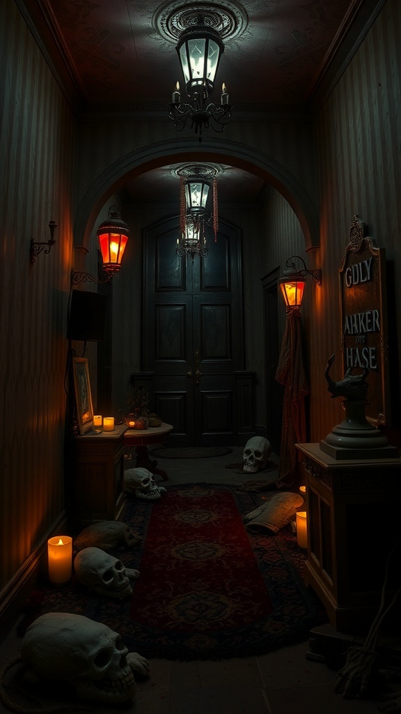 A dimly lit haunted house hallway with lanterns, skulls, candles, and dark wooden doors.