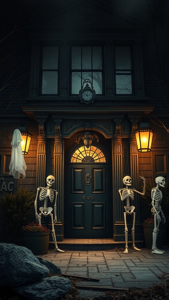 Haunted house entrance with skeletons and ghost decorations