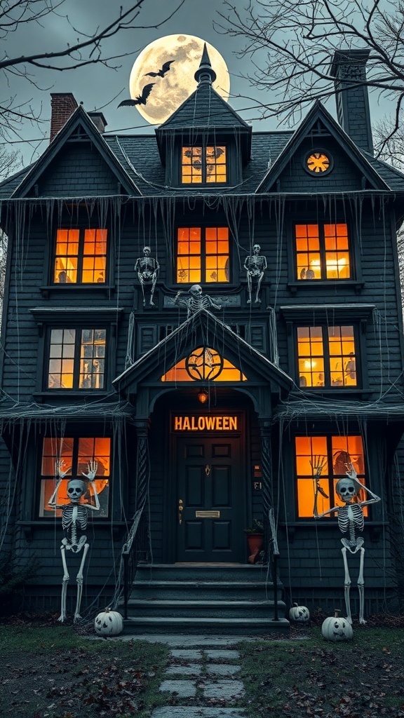 A haunted house facade decorated for Halloween with skeletons, pumpkins, and a full moon.