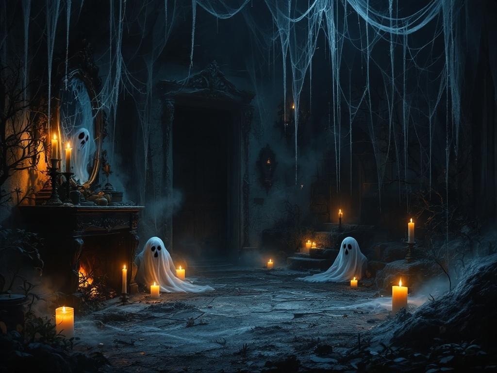 Haunted house interior with ghostly figures, candles, and cobwebs