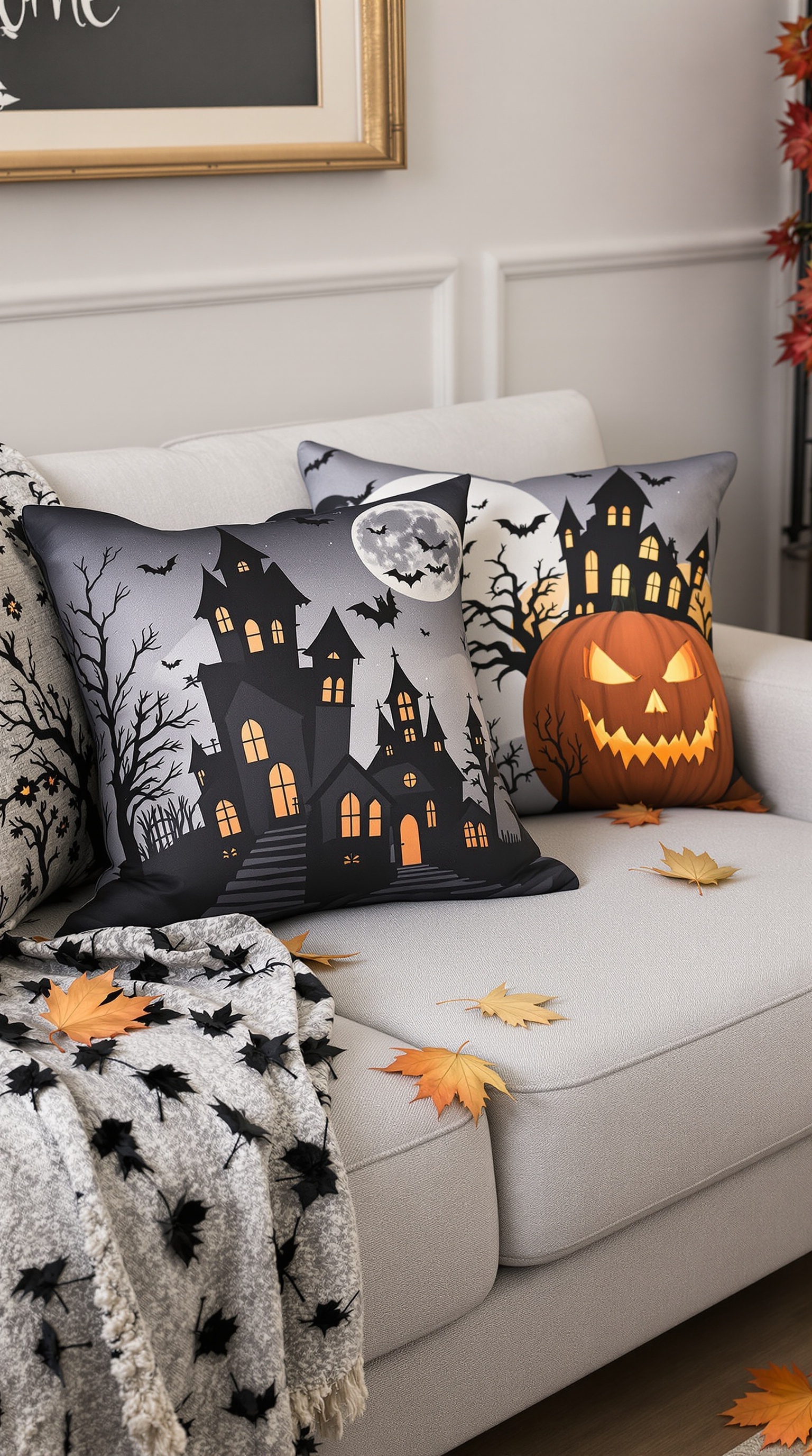 A cozy gray couch adorned with Halloween-themed pillows featuring haunted house designs and autumn leaves.