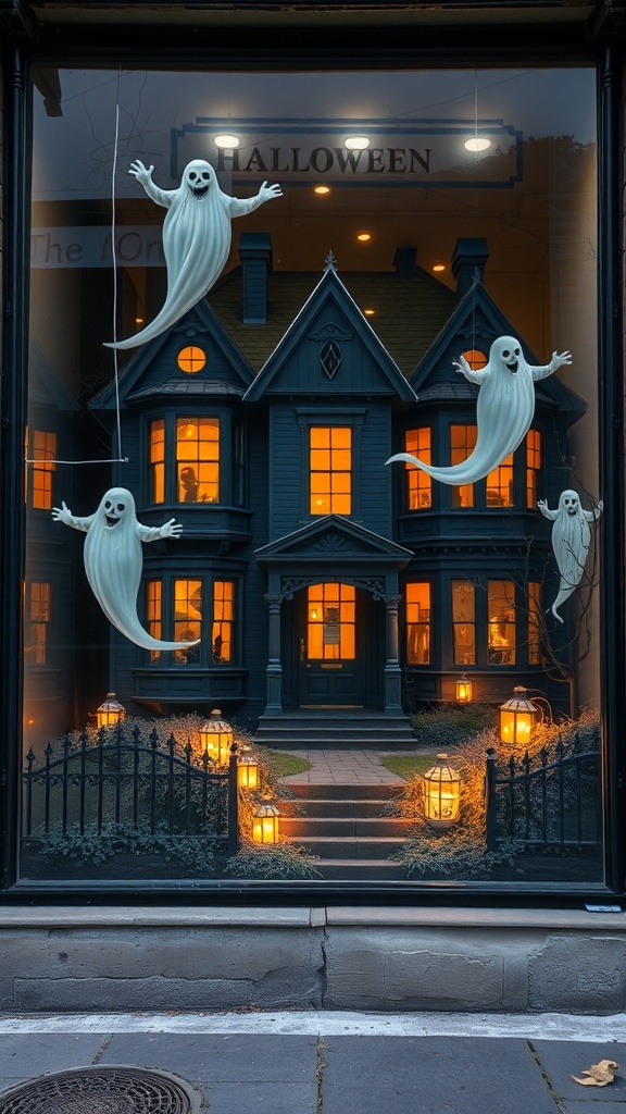 A Halloween window display featuring a haunted house with floating ghosts and glowing lanterns.