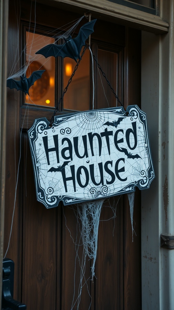 A haunted house sign hanging on a door with bats and spider webs.