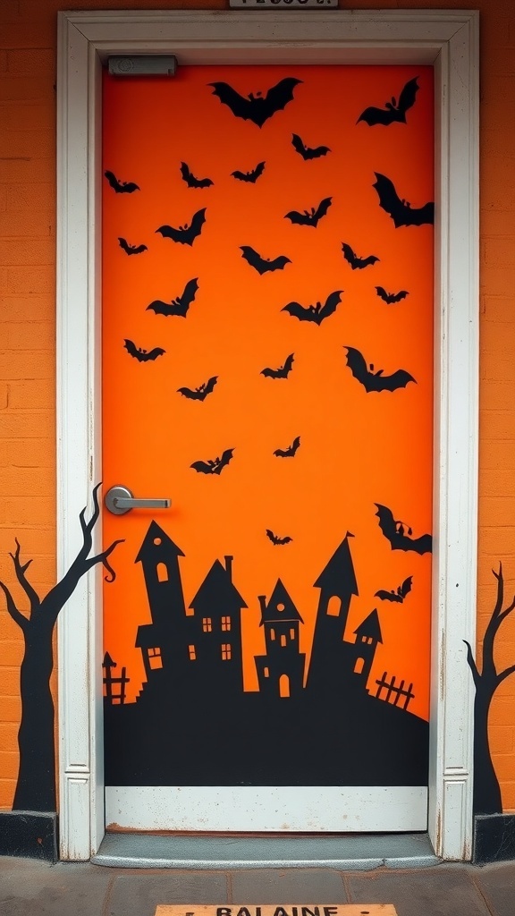 An orange door decorated with black silhouettes of bats and a haunted house.