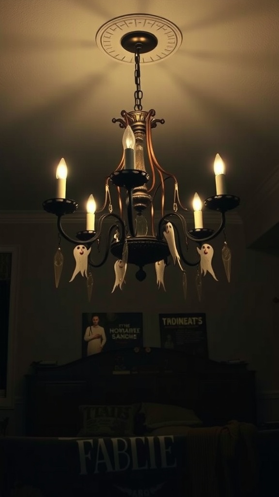 A spooky chandelier with ghost figures hanging from it, illuminating a dark bedroom.