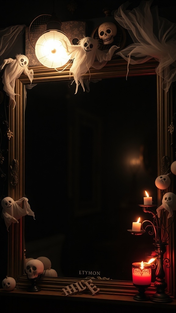 A haunted mirror decorated with ghosts, skulls, and candles for Halloween.