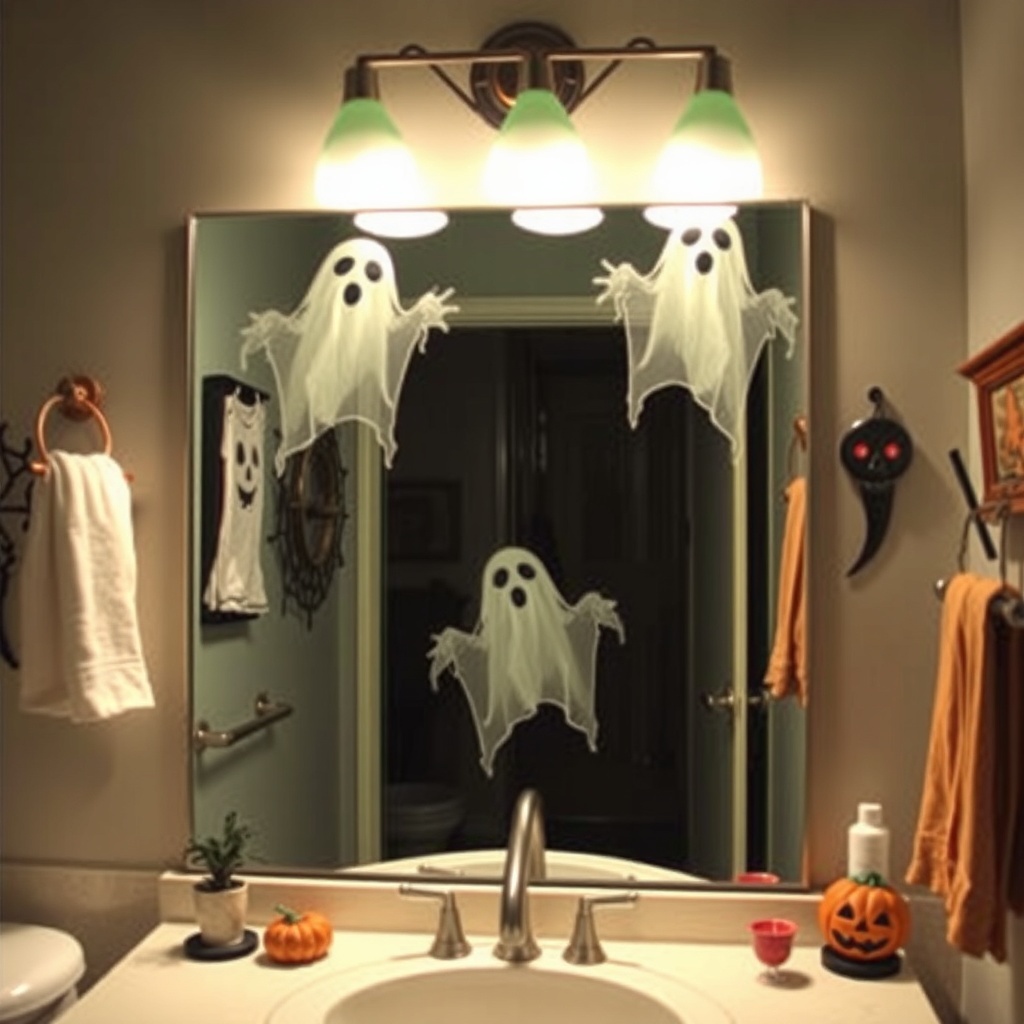 A bathroom mirror decorated with ghost figures, Halloween-themed items, and a small pumpkin.