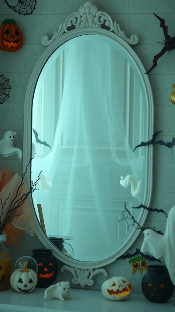 A haunted mirror surrounded by Halloween decorations including pumpkins, ghosts, and bats.