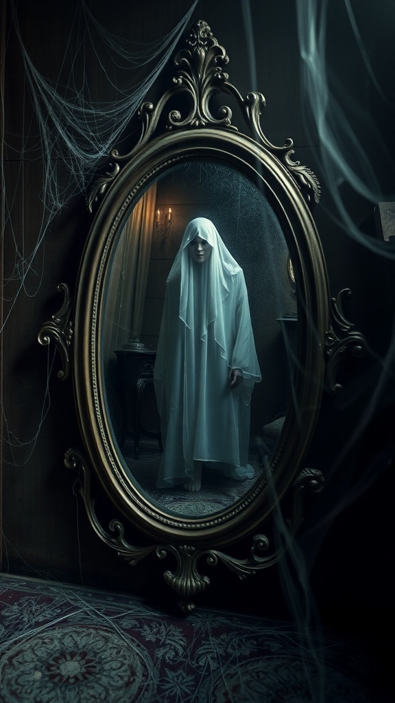 A haunted mirror with a ghostly figure in a white sheet, surrounded by cobwebs.