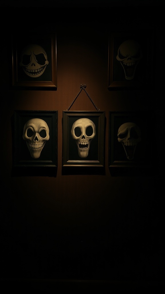 A collection of skull-themed portraits on a dark wall, creating a spooky atmosphere.