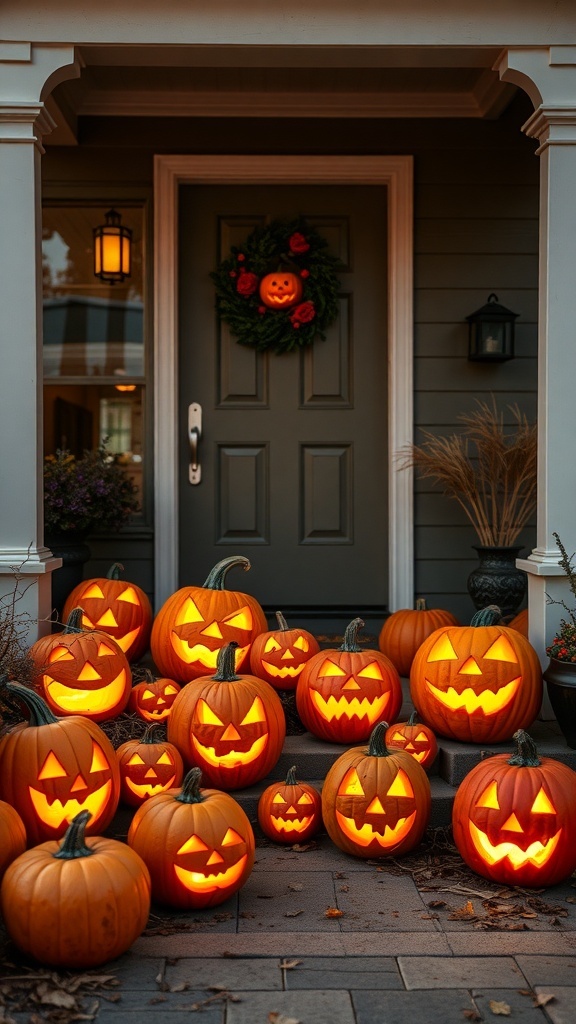 A front porch decorated with various carved pumpkins glowing in the evening light, with a wreath featuring a pumpkin on the door.