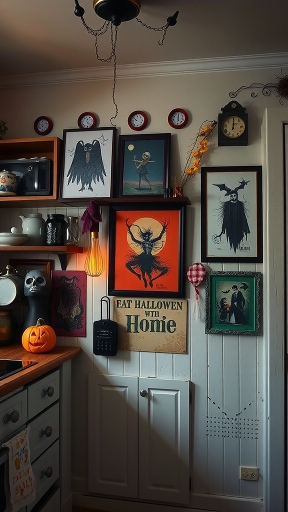 A cozy kitchen decorated with Halloween-themed wall art, featuring spooky prints and a glowing pumpkin.