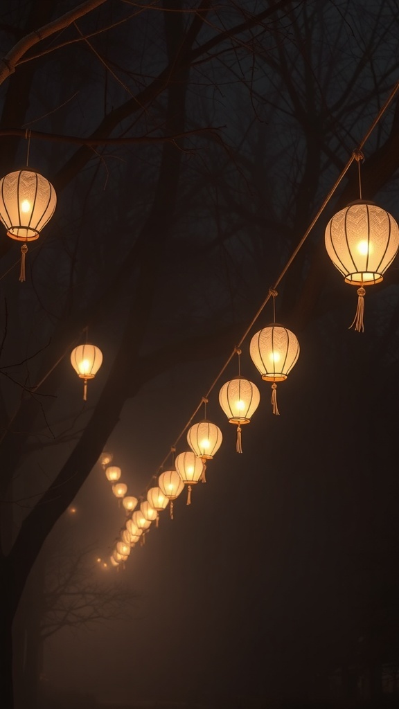A row of glowing lanterns hanging from trees in a foggy setting, creating a spooky atmosphere.