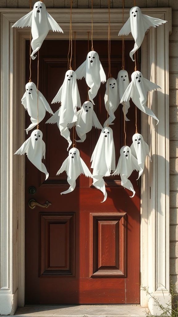 A collection of hanging ghost decorations in front of a red door.