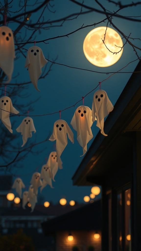 Hanging ghosts made of white fabric with black eyes, illuminated by a full moon in the background.