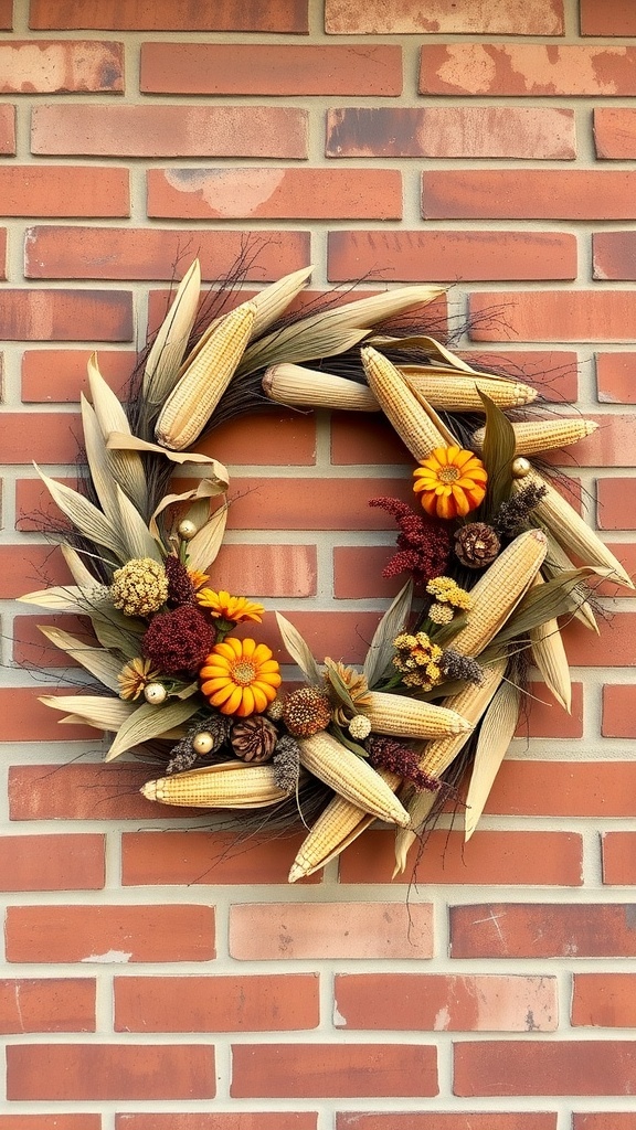 A wreath made of dried corn, colorful flowers, and pinecones, hanging on a brick wall.