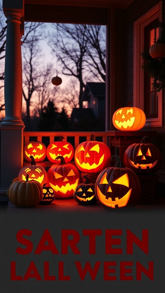 A collection of carved jack-o'-lanterns glowing on a porch during sunset.
