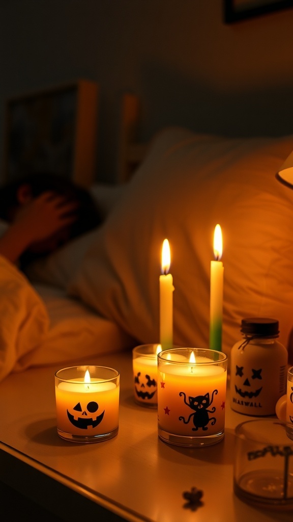 A collection of Halloween-themed scented candles on a bedside table, with a cozy bedroom setting.