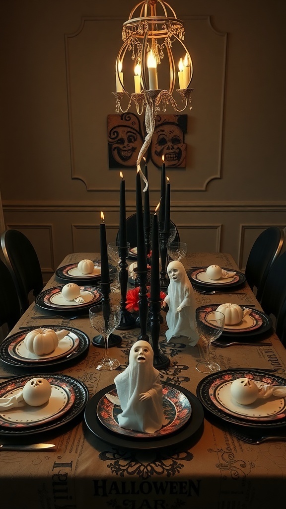 A Halloween-themed dining table with ghost figurines, black candles, and pumpkins.