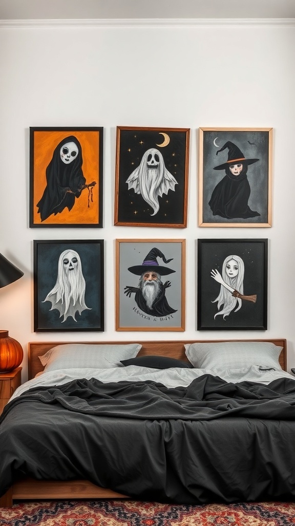 A collection of spooky wall art featuring ghosts and witches above a bed in a Halloween-themed bedroom.