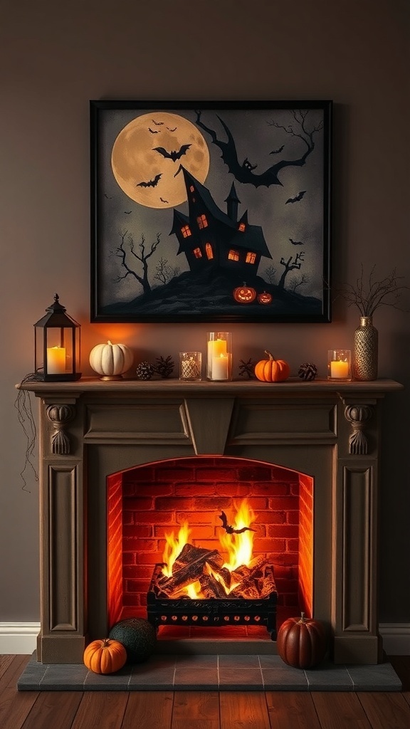 A Halloween-themed fireplace with a haunted house painting, pumpkins, and flickering candles.
