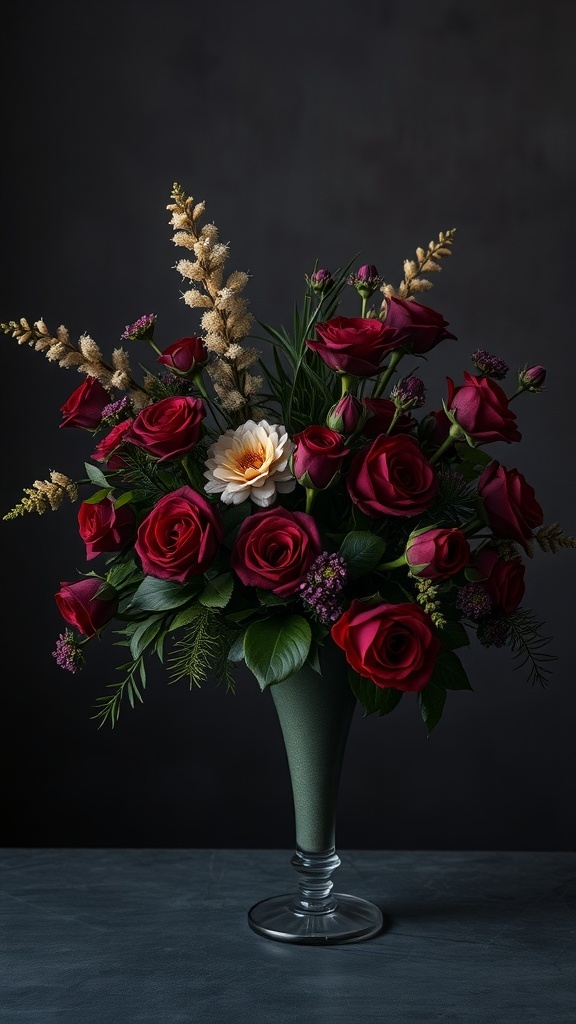 A beautiful floral arrangement featuring deep red roses, white flowers, and grasses in a stylish vase.
