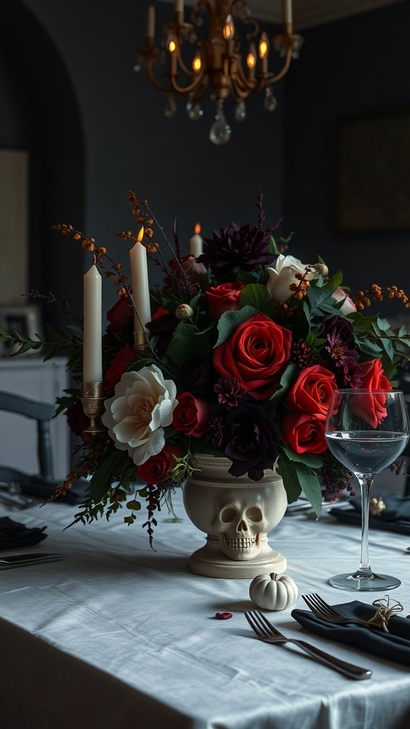 A floral arrangement with red roses and purple blooms in a skull-shaped vase, surrounded by candles and a small pumpkin.