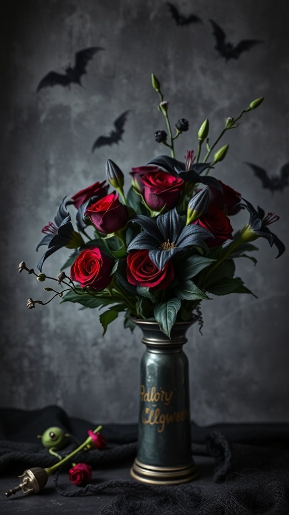 A haunting floral arrangement featuring red roses and dark foliage in a vintage vase, with bats in the background.
