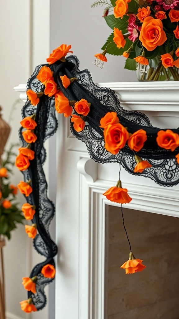 A garland of orange flowers with black lace draped over a mantle