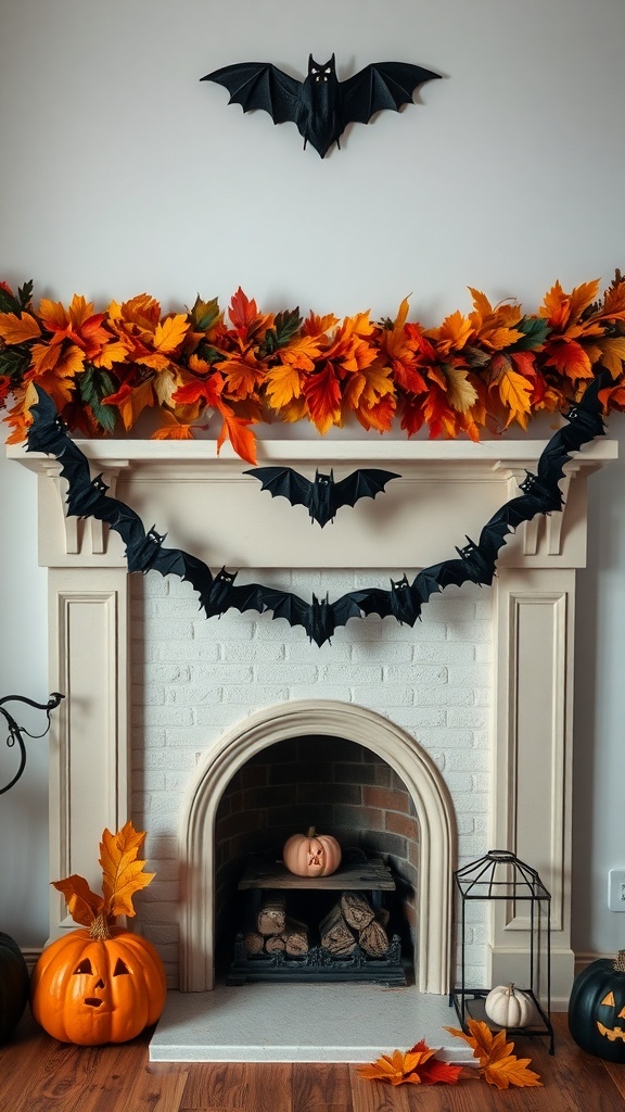 A Halloween garland featuring autumn leaves and black bats above a fireplace, with pumpkins and decorative elements around.