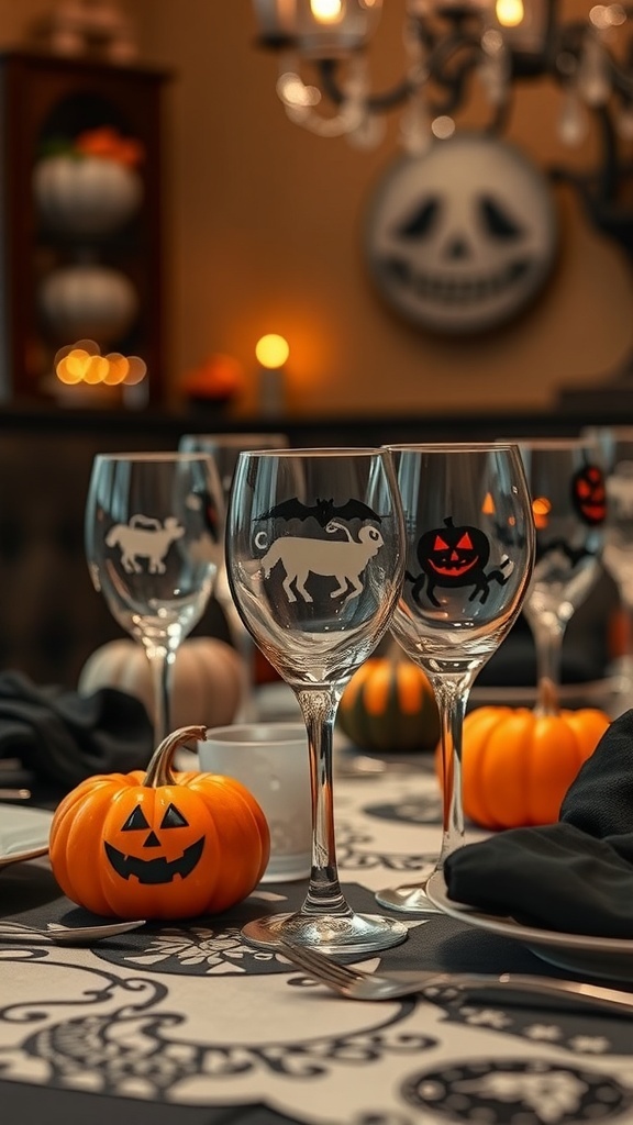 Halloween-themed table setting with decorative glassware and small pumpkins.
