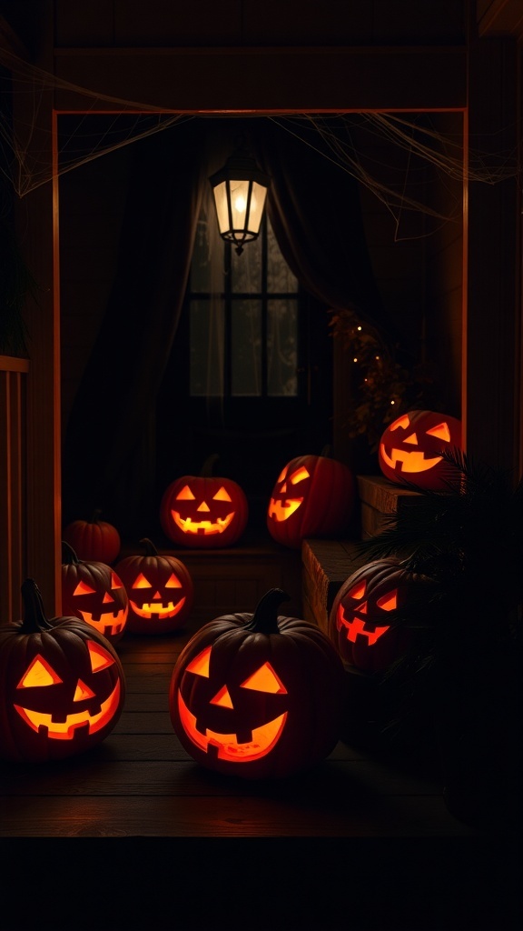 A Halloween entryway featuring glowing jack-o'-lanterns and a lantern casting light
