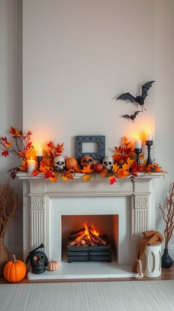 A Halloween-themed mantel display featuring pumpkins, skulls, autumn leaves, and candles.