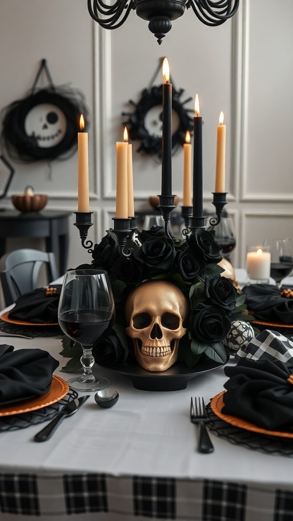 A Halloween table centerpiece featuring a golden skull surrounded by black roses and tall black candles.
