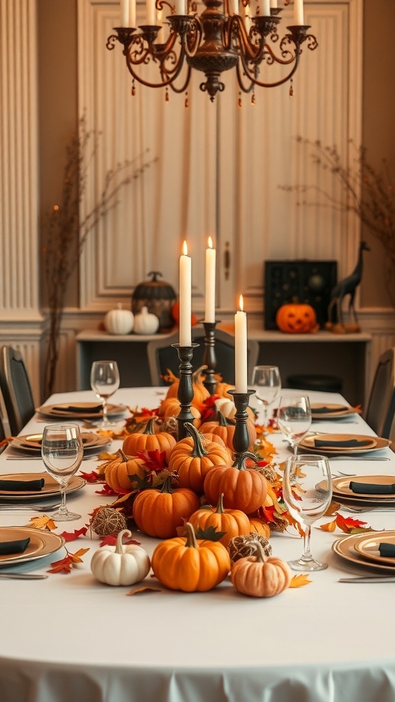 A beautifully set dining table for Halloween featuring pumpkins, candles, and autumn leaves.