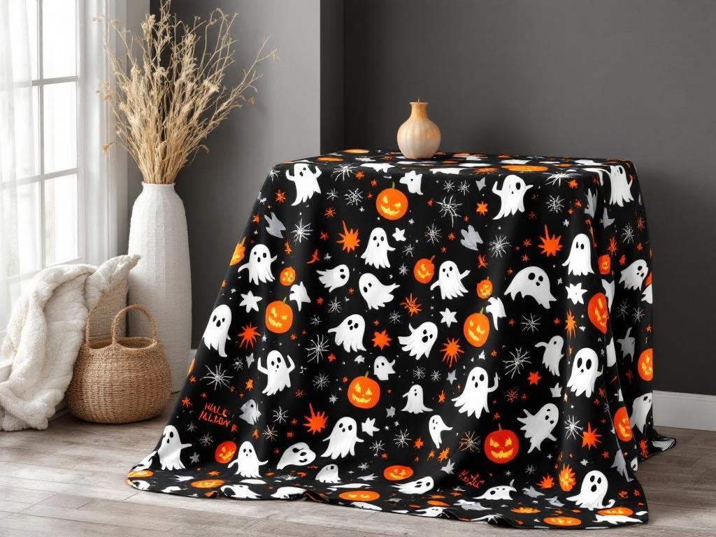 A Halloween-themed tablecloth featuring ghosts, pumpkins, and stars on a black background, draped over an entry table.