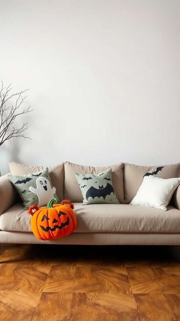 A cozy living room with Halloween-themed throw pillows on a sofa and a pumpkin decoration.