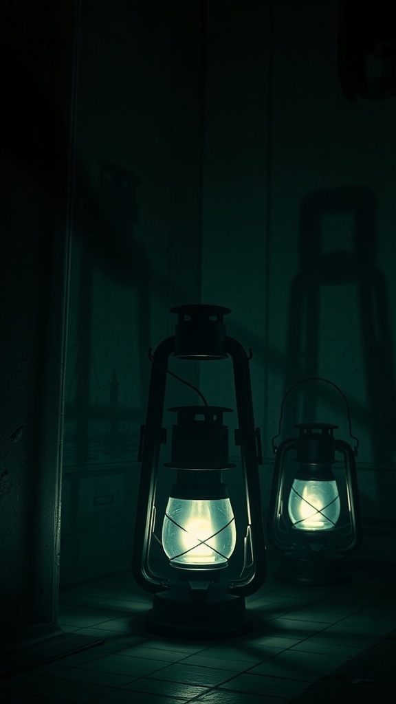 Two vintage lanterns casting a soft glow in a dark room