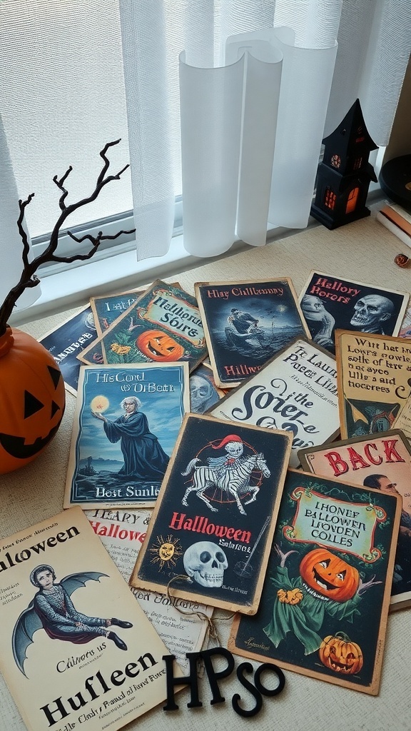 A collection of vintage Halloween postcards featuring pumpkins, skeletons, and spooky illustrations.