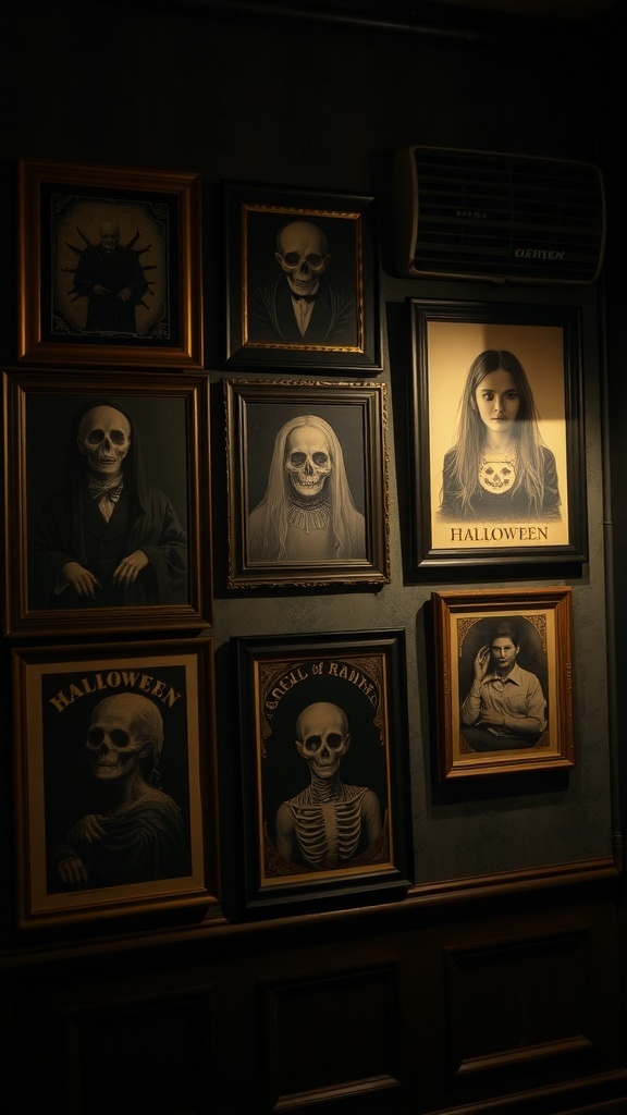 A collection of Halloween-themed wall art featuring skeletons and eerie figures in ornate frames.